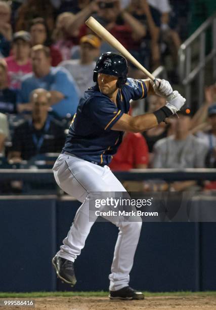 Tim Tebow of the Eastern Division All-Stars in action during the 2018 Eastern League All Star Game at Arm & Hammer Park on July 11, 2018 in Trenton,...