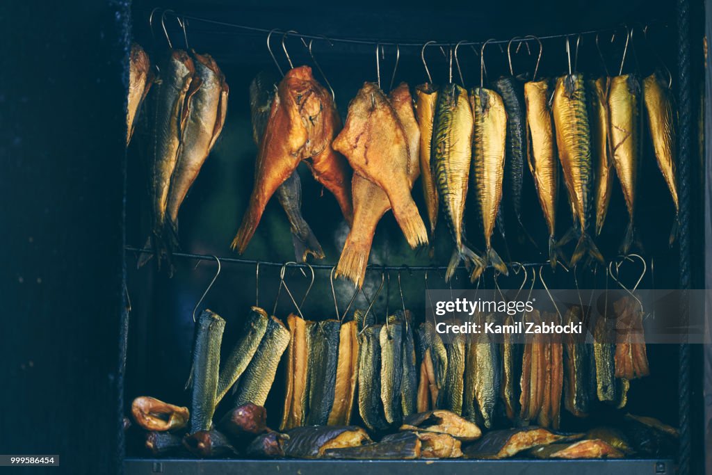 Fish Smoking Process, marine fish in smokehouse