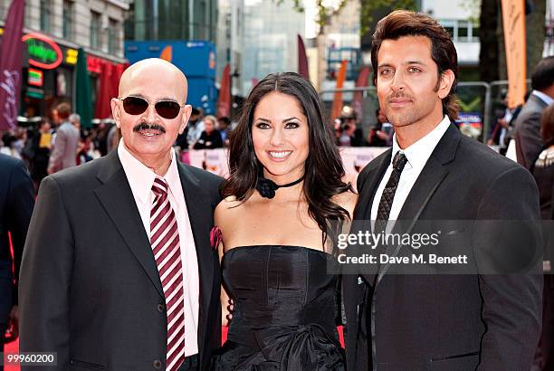 Rakesh Roshan, Barbara Mori and Hrithik Roshan attend the European Premiere of 'Kites' at Odeon West End on May 18, 2010 in London, England.