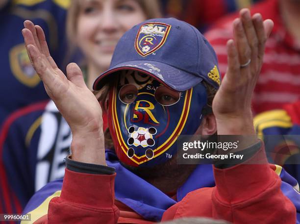 Real Salt Lake fan celebrates during the first half of the MLS soccer game against the Houston Dynamo on May 13, 2010 in Sandy, Utah. Real Salt Lake...