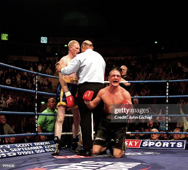 Anthony Farnell of Great Britain celebrates as the referee stops Lee Blundell of Great Britain during the bout for the WBO Intercontinental Light...