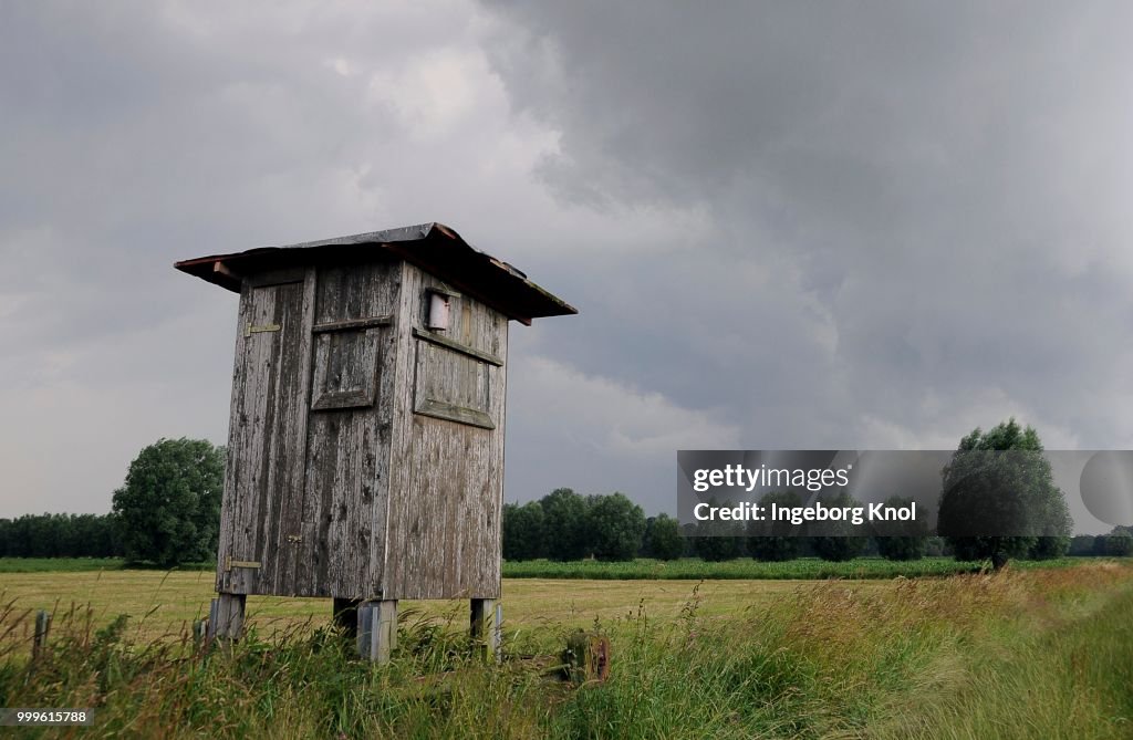 Raised hide in front of storm clouds, Tangstedt, Schleswig-Holstein, Germany