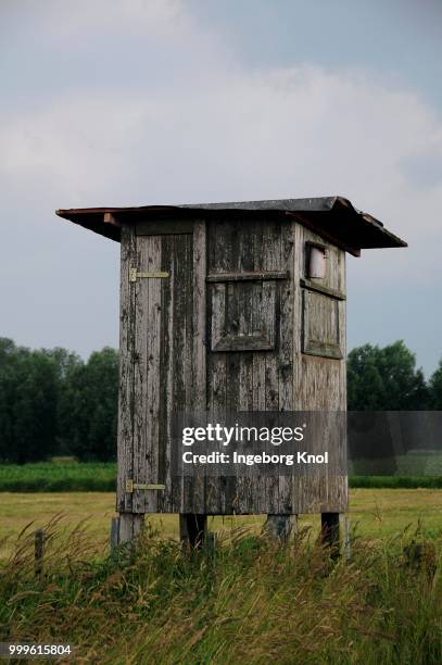 raised hide in front of storm clouds, tangstedt, schleswig-holstein, germany - schleswig holstein stock pictures, royalty-free photos & images