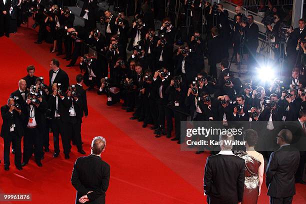 Director Abbas Kiarostami and actress Juliette Binoche with actor William Shimell attend the "Certified Copy" Premiere at the Palais des Festivals...