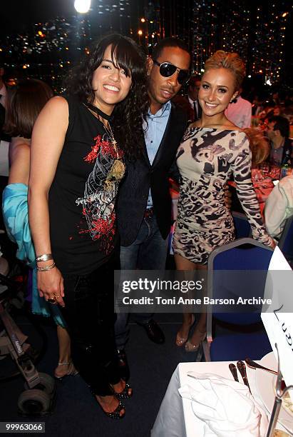 Host Michelle Rodriguez, singer Ludacris, and host Hayden Panetierre pose onstage during the World Music Awards 2010 at the Sporting Club on May 18,...