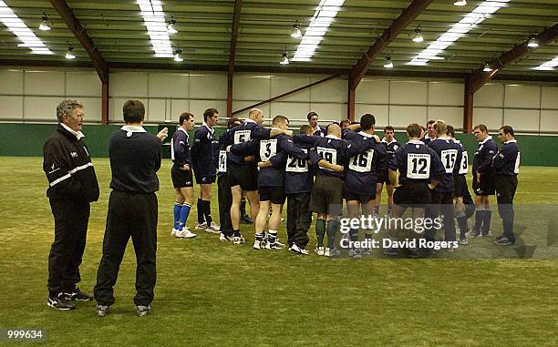 Bob Dwyer, the Barbarian coach with his assistant Phillipe Sella take a break during Barbarian training at the WRU indoor arena, Cardiff. DIGITAL...