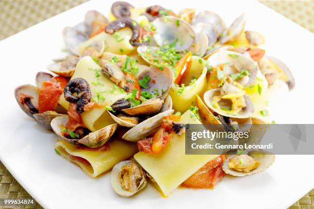 paccheri, clams and octopus. pasta with clams. - paccheri bildbanksfoton och bilder