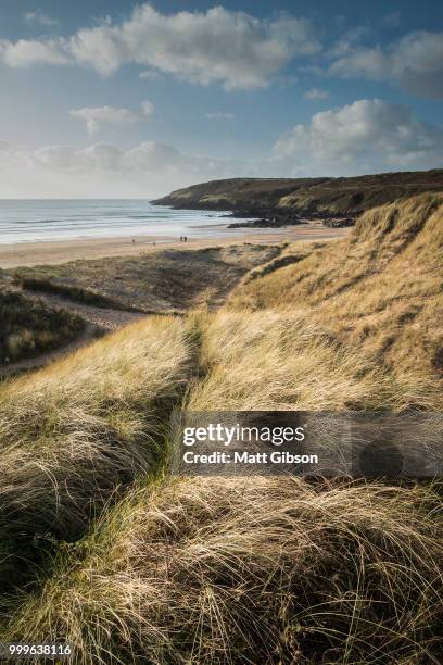 beautiful landscape image of freshwater west beach with sand dun - dun stock pictures, royalty-free photos & images