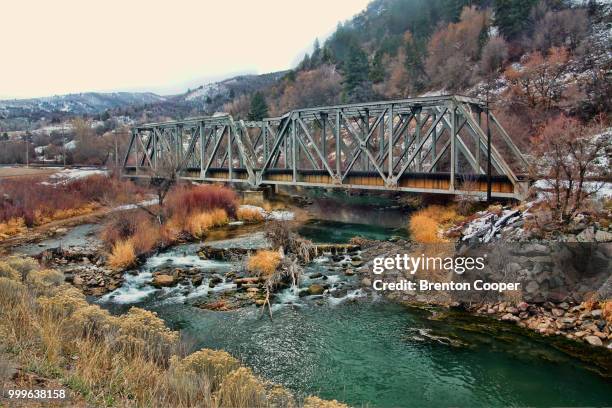 double steet truss bridge weber river tonemapped - truss bridge stock pictures, royalty-free photos & images