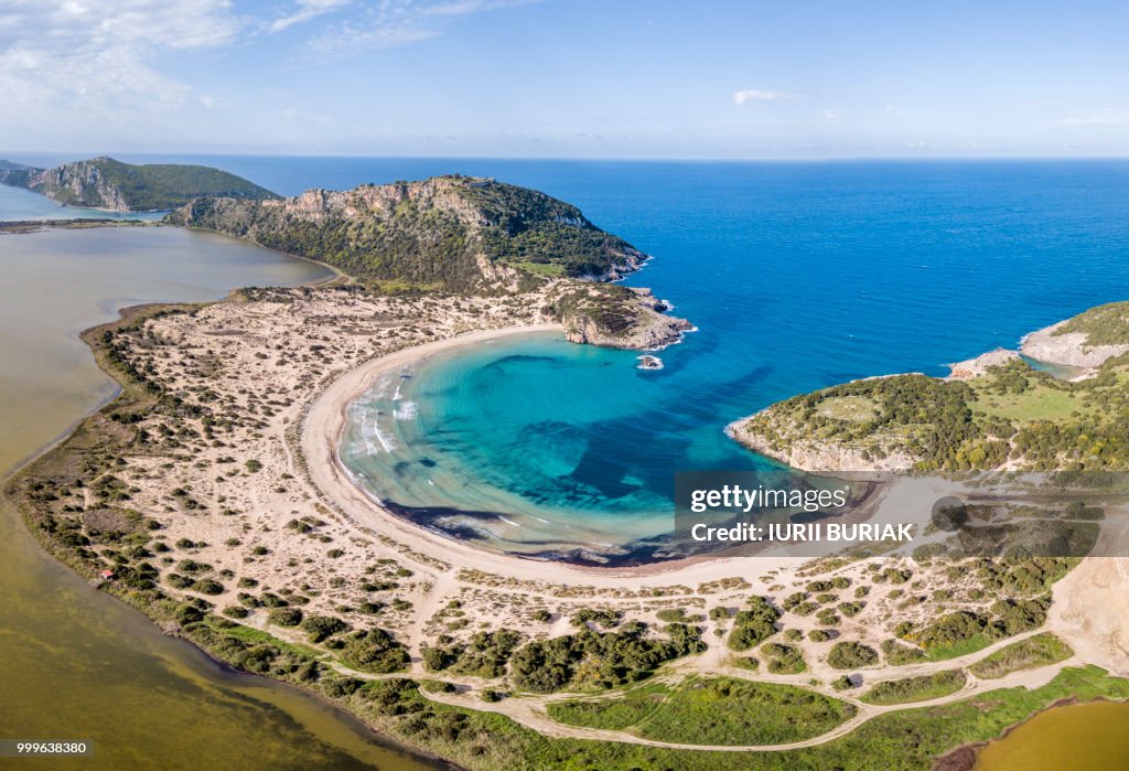 Aerial view of Voidokilia Beach, a popular beach in Messinia in the Mediterranean area