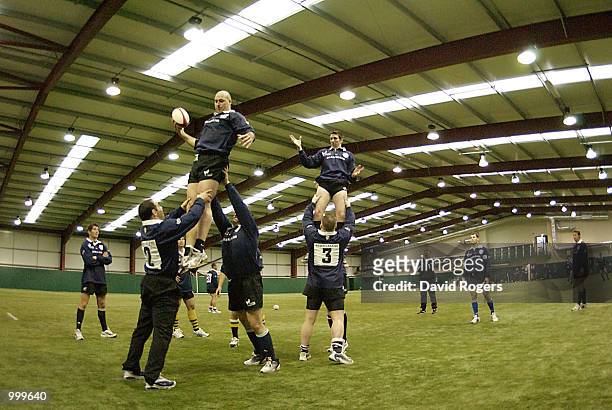Mark Andrews, the Barbarian lock catches the ball in the line out during Barbarian training at the WRU indoor arena, Cardiff. DIGITAL IMAGE....