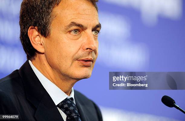 Jose Luis Rodriguez Zapatero, Spain's prime minister, speaks during a news conference at the European Union-Latin American summit in Madrid, Spain,...