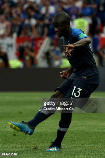Ngolo Kante of France kicks during the 2018 FIFA World Cup Russia Final between France and Croatia at Luzhniki Stadium on July 15, 2018 in Moscow,...