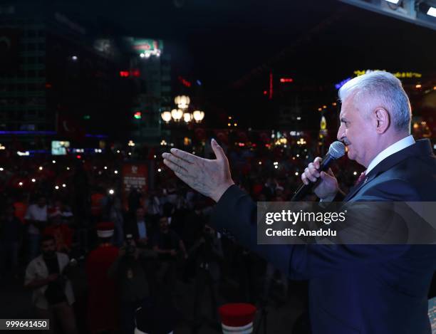 Turkish Grand National Assembly Speaker Binali Yildirim addresses the crowd during the July 15 Democracy and National Unity Day events at July 15th...