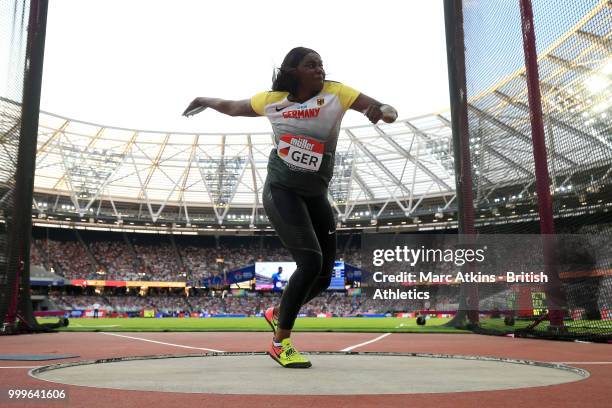 Claudine Vita of Germany competes in the Women's Discus during day two of the Athletics World Cup London at the London Stadium on July 15, 2018 in...