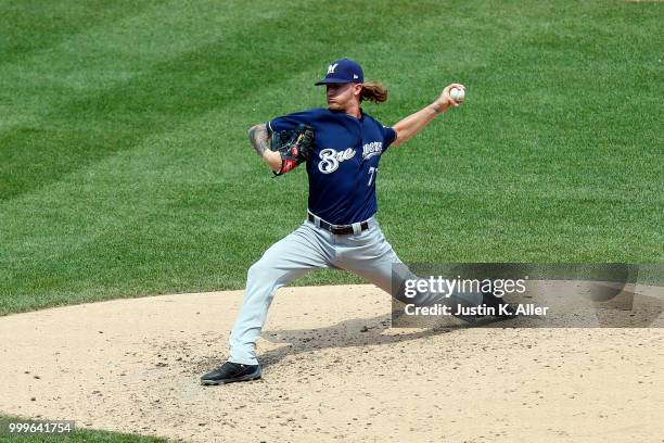 Josh Hader of the Milwaukee Brewers pitches in the sixth inning against the Pittsburgh Pirates at PNC Park on July 15, 2018 in Pittsburgh,...