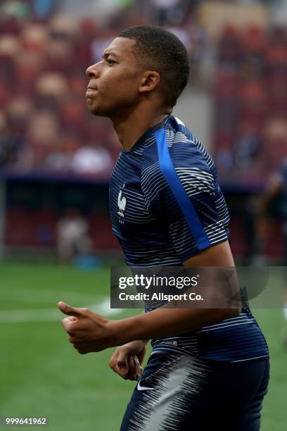 Kylian Mbappe of France warms up during the 2018 FIFA World Cup Russia Final between France and Croatia at Luzhniki Stadium on July 15, 2018 in...