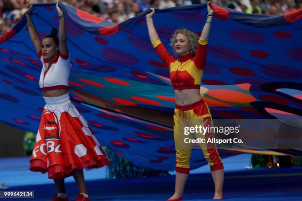 Dancers perform during the closing ceremony prior to kick off during the 2018 FIFA World Cup Russia Final between France and Croatia at Luzhniki...
