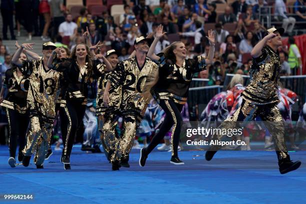 Dancers perform during the closing ceremony prior to kick off during the 2018 FIFA World Cup Russia Final between France and Croatia at Luzhniki...