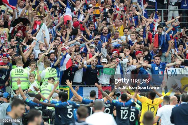 Fans and players of France National team celebrate the win of the final match between France and Croatia at the FIFA World Cup on July 15, 2018 at...