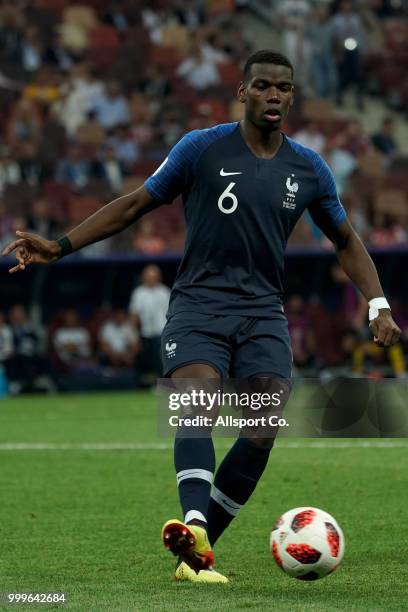 Paul Pogba of France passes the ball during the 2018 FIFA World Cup Russia Final between France and Croatia at Luzhniki Stadium on July 15, 2018 in...