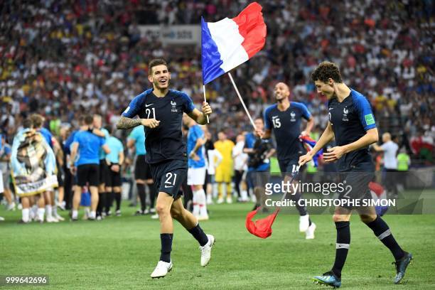 France's defender Lucas Hernandez and France's defender Benjamin Pavard celebrate at the end of the Russia 2018 World Cup final football match...