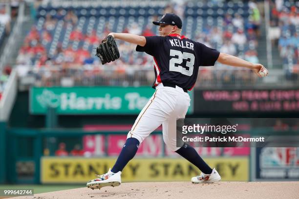 Startting pitcher Mitch Keller of the Pittsburgh Pirates and the U.S. Team works the first inning against the World Team during the SiriusXM All-Star...