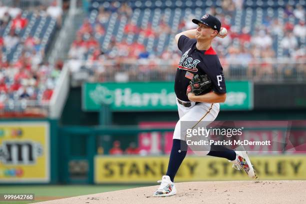 Startting pitcher Mitch Keller of the Pittsburgh Pirates and the U.S. Team works the first inning against the World Team during the SiriusXM All-Star...