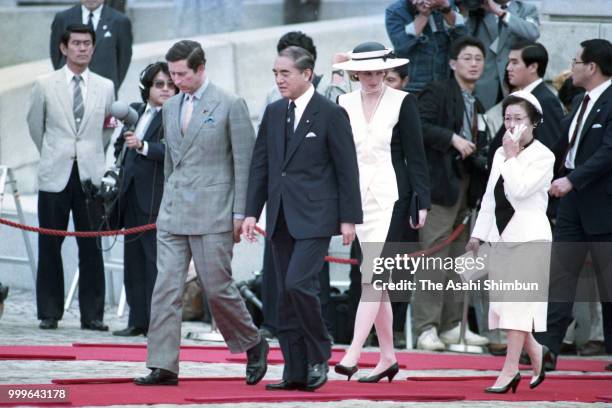 Prince Charles, Prince of Wales and Princess Diana, Princess of Wales attend the welcome ceremony with Japanese Prime Minister Yasuhiro Nakasone and...