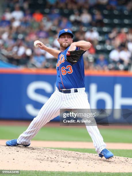 Tim Peterson of the New York Mets pitches against the Washington Nationals during their game at Citi Field on July 15, 2018 in New York City.