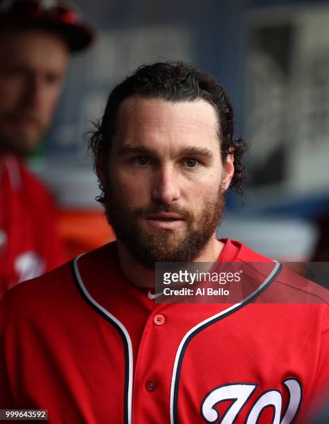 Daniel Murphy of the Washington Nationals looks on after hitting a two run single against the New York Mets in the seventh inning during their game...