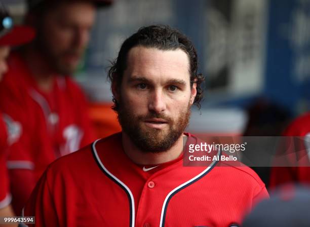 Daniel Murphy of the Washington Nationals looks on after hitting a two run single against the New York Mets in the seventh inning during their game...