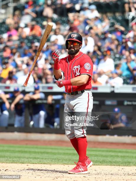 Adam Eaton of the Washington Nationals is hit by a pitch with the bases loaded in the seventh inning against the New York Mets during their game at...