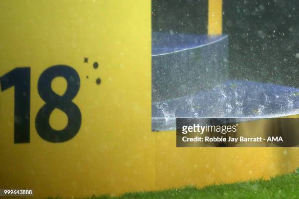 Detail View as rain falls on the podium at the trophy presentation at the end of the 2018 FIFA World Cup Russia Final between France and Croatia at...