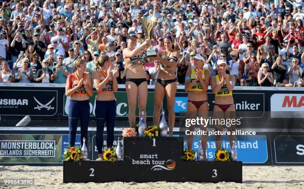 The new German champions Chantal Laboureur and Julia Sude celebrate winning the German Beach Volleyball Championships in Timmendorfer Strand,...