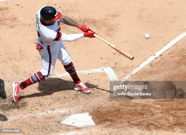 Leury Garcia of the Chicago White Sox hits an RBI single against the Kansas City Royals during the third inningon July 15, 2018 at Guaranteed Rate...