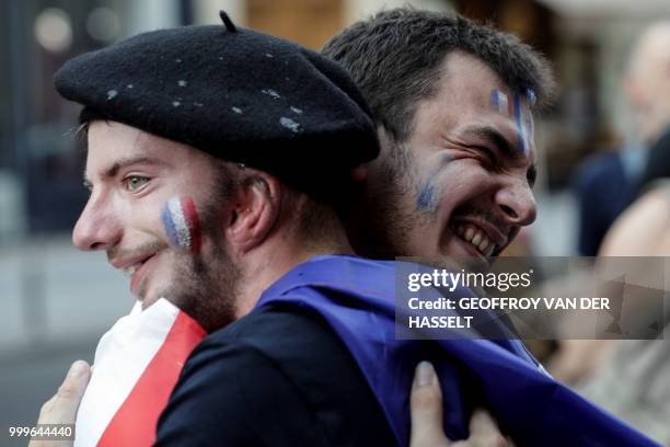 France supporters celebrate after France won the Russia 2018 World Cup final football match between France and Croatia, in the Latin Quarter in Paris...