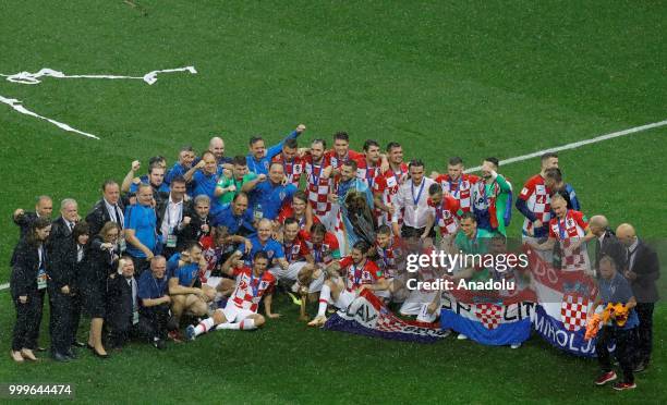 Croatian players pose for a photo after winning the second place of the FIFA World Cup championship after the 2018 FIFA World Cup Russia final match...