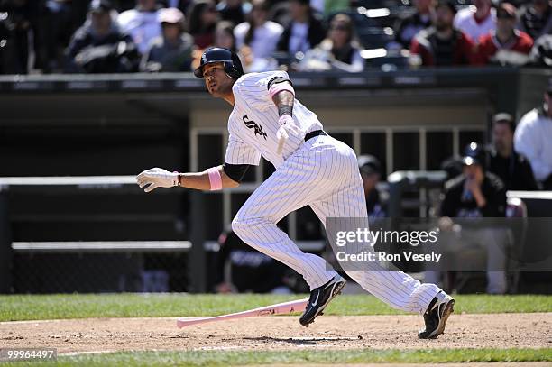 Alex Rios of the Chicago White Sox hits a double against the Toronto Blue Jays on May 9, 2010 at U.S. Cellular Field in Chicago, Illinois. The Blue...