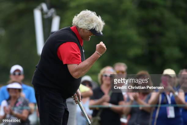 Laura Davies of England celebrates after winning the U.S. Senior Women's Open at Chicago Golf Club on July 15, 2018 in Wheaton, Illinois.