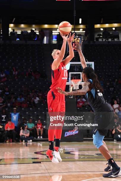 Elena Delle Donne of the Washington Mystics shoots the ball to become fastest player in WNBA history to reach 3,000 points against the Atlanta Dream...