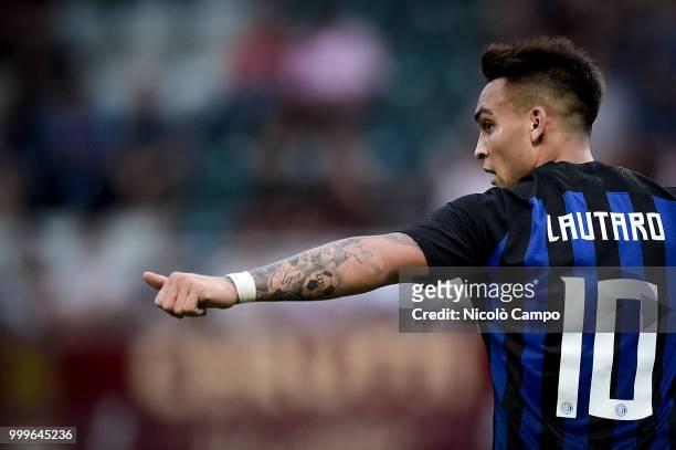 Lautaro Martinez of FC Internazionale gestures during the friendly football match between FC Lugano and FC Internazionale. FC Internazionale won 3-0...
