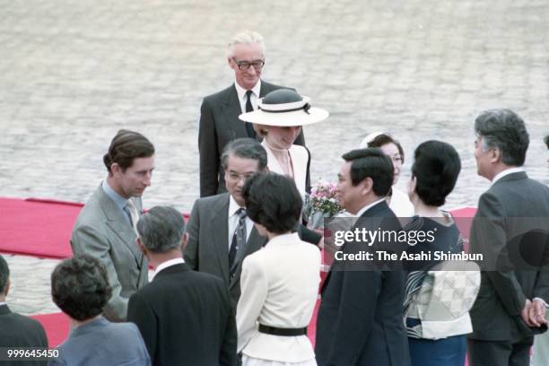 Prince Charles, Prince of Wales and Princess Diana, Princess of Wales attend the welcome ceremony with Japanese Prime Minister Yasuhiro Nakasone and...