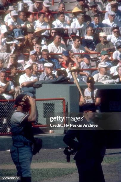 Dick Groat of the Pittsburgh Pirates waits in the on-deck circle during an MLB game against the Milwaukee Braves on July 4, 1960 at Milwaukee County...