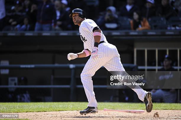 Alex Rios of the Chicago White Sox hits a home run against the Toronto Blue Jays on May 9, 2010 at U.S. Cellular Field in Chicago, Illinois. The Blue...