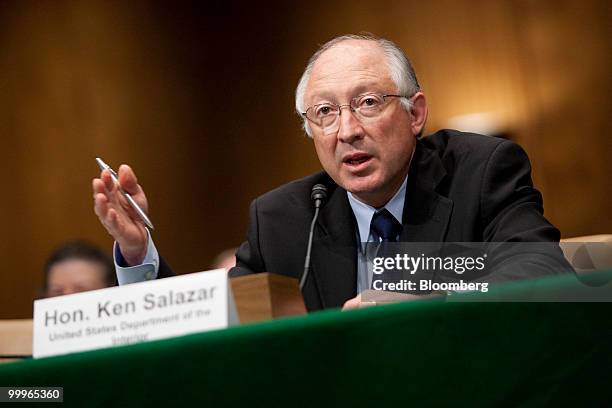 Ken Salazar, U.S. Interior secretary, speaks during a Senate Environment and Public Works Committee hearing on the federal response to the recent...