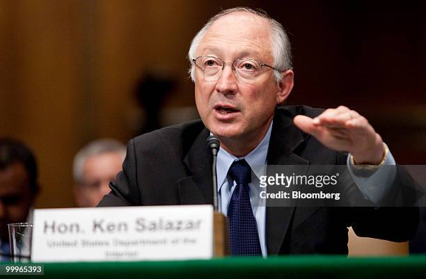 Ken Salazar, U.S. Interior secretary, speaks during a Senate Environment and Public Works Committee hearing on the federal response to the recent...