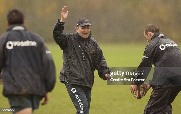 Australian Coach Eddie Jones takes charge during training at the University of Cardiff ahead of the game against the Barbarians at The Millennium...