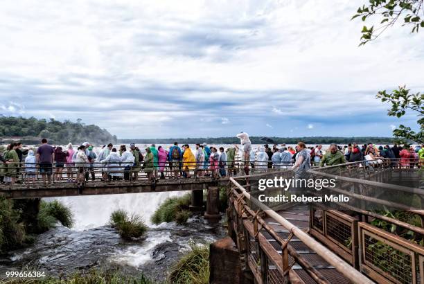 the footbridge to enjoy very close the devil's throat waterfalls - argentina devils throat stockfoto's en -beelden