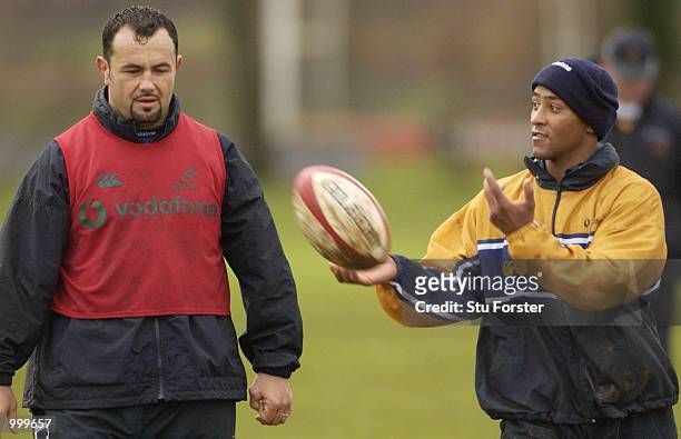 Australian captain George Gregan with Michael Foley during training at the University of Cardiff ahead of the game against the Barbarians at The...